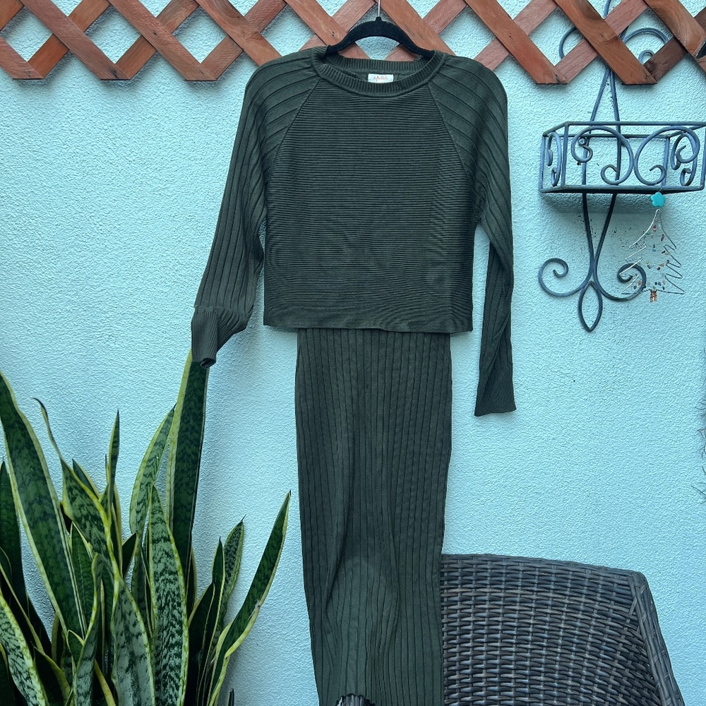 a.peach olive green ribbed dress